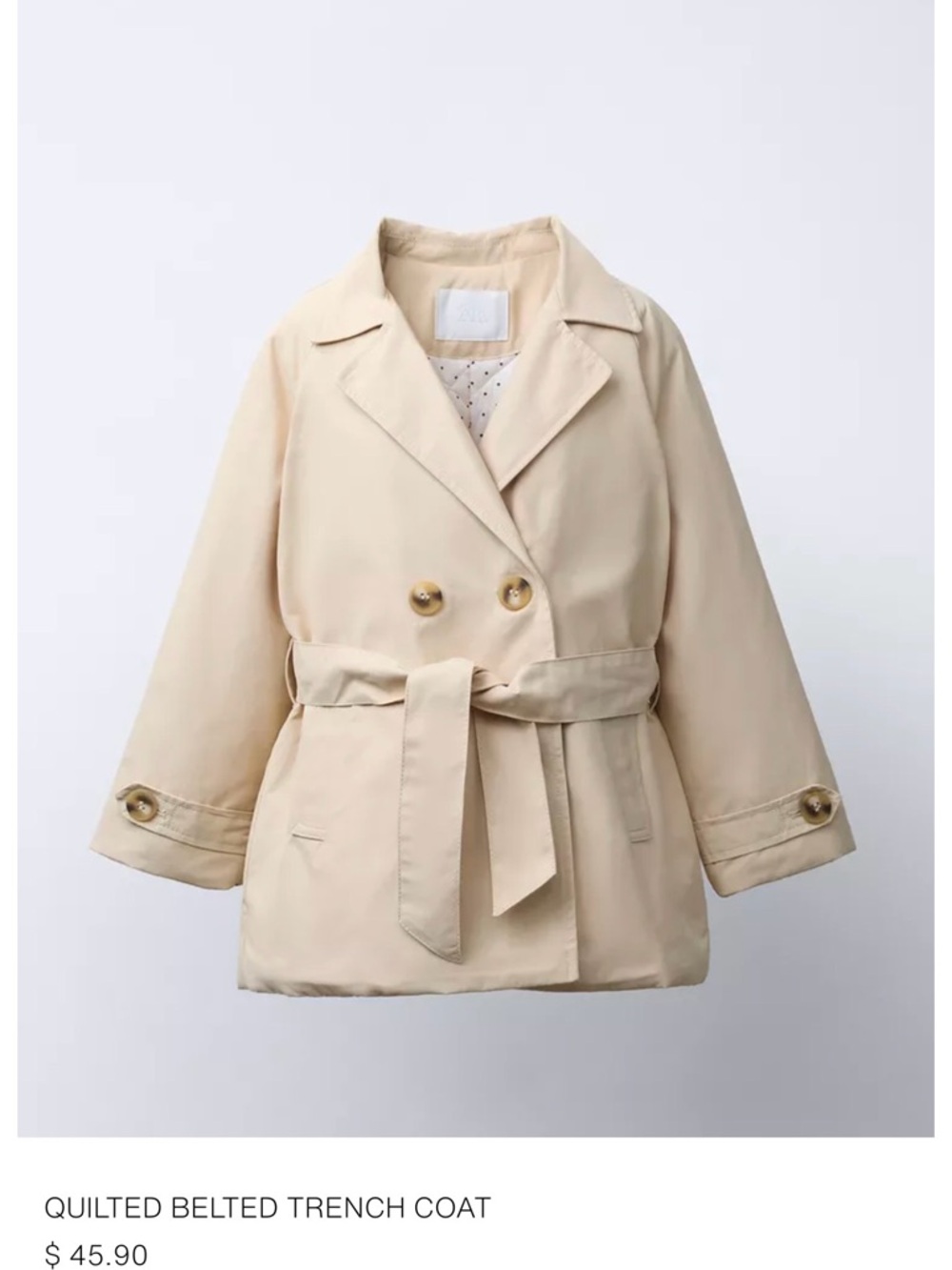 ZARA Baby Girl Quilted Belted Trench Coat - Beige
